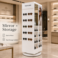 Support de présentation de lunettes de soleil en acrylique blanc personnalisé, rotatif à 360°, sur pied, avec miroir de rangement et logo