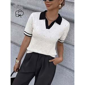 Suéter Polo Calado con Bloques de Color para Mujer, Manga Corta, Cuello Blanco y Negro, Top de Punto, Moda Casual - Product Image 1