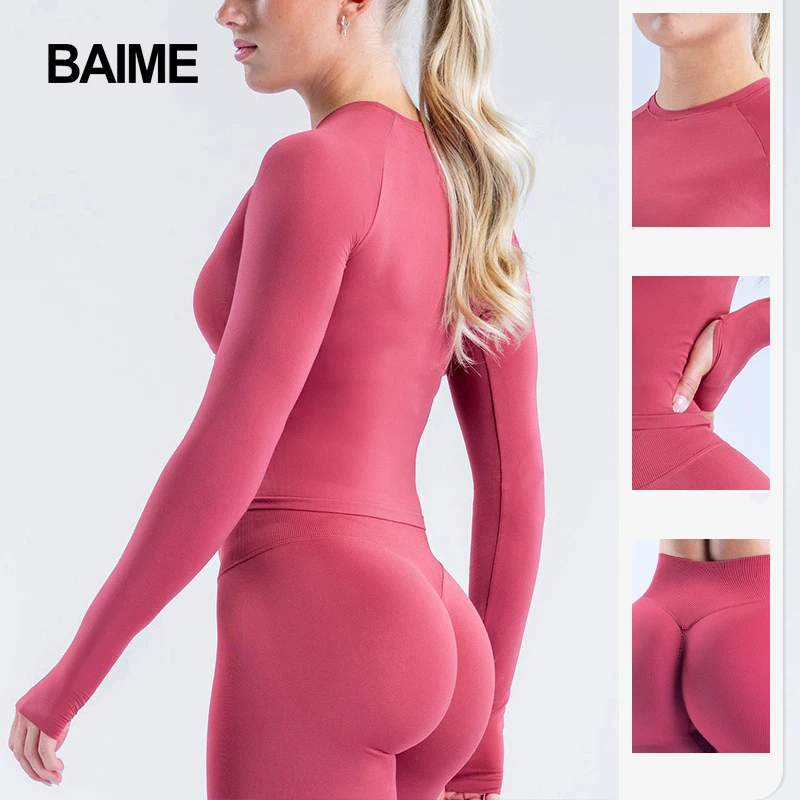 Women's Seamless Long Sleeved Yoga Suit, Round Neck Sports Top, Tight Fitting Outdoor Fitness Suit