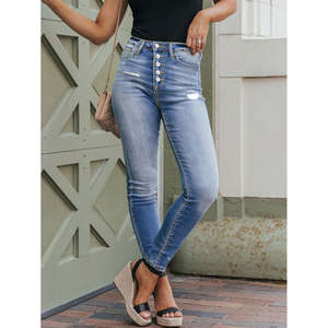 Livraison gratuite aux États-Unis, jean skinny bleu clair à haute élasticité, jean skinny déchiré pour femmes, jean crayon à braguette boutonnée pour mamans - Product Image 4