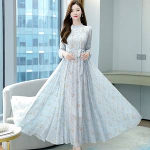2025 vestido modesto de gasa Premium para mujer moda china con diseño de lazo en la cintura estampado de flores sólidas <span class=keywords><strong>abaya</strong></span> musulmana de Malasia - Product Image 1