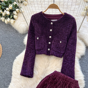 Traje de invierno que combina con todo para mujer, chaqueta de Tweed con patrón sólido informal, Chaqueta corta de manga larga, falda con borlas de cintura alta - Product Image 2