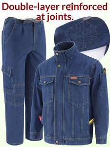 Conjunto de Ropa de Trabajo de Mezclilla Ignífuga con Certificación LANBO SEDEX para Primavera/Otoño, para Hombre, <span class=keywords><strong>Soldador</strong></span>, Anti-Escaldaduras, Multibolsillos, Grueso - Product Image 6
