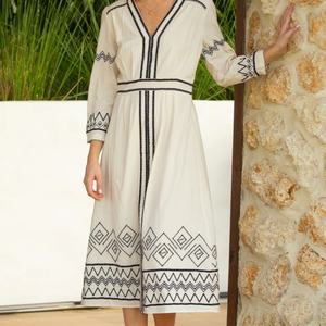 ชุดเดรสผ้าฝ้ายลินินทรงเอ สไตล์ลำลอง คอวี แขนยาว ความยาวปานกลาง สำหรับผู้หญิง  ปรับแต่งได้ตามต้องการ - Product Image 1