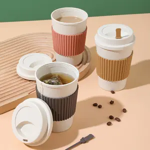 Copo de café com tampa 401-500ml, material de palha de trigo, copo portátil reutilizável, máquina de lavar louça, caneca de café segura, copos de viagem para chá