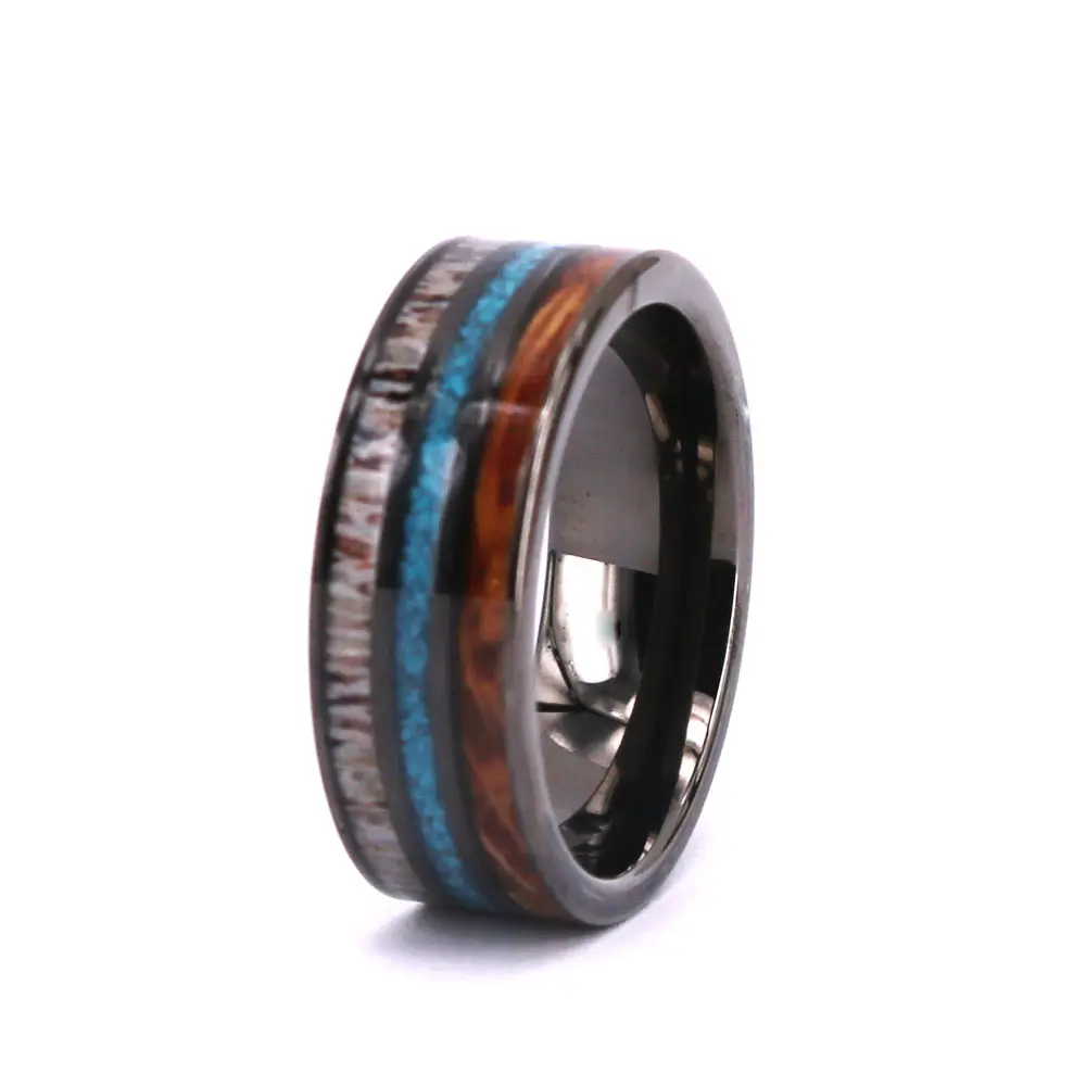 Türkis Ring Mode Hirsch Geweih Inlay Ehering, maßge schneiderte natürliche solide Recycling Whisky Barrel Ring