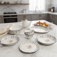 Service de vaisselle en céramique écologique, motif floral vintage, assiettes et bols – Compatible micro-ondes et lave-vaisselle, style rétro chic pour café