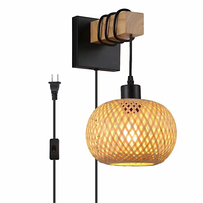 Elegant interior Bedroom decorative Wooden Sconces Mounted Handmade plug in night light Rattan Bamboo Wall Lamps