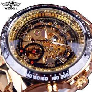 ساعة يد ذهبية وينر 432, ساعة يد ذهبية ، هيكل عظمي ، عرض ميكانيكية ، سوداء ، كلاسيكية ، ساعات للرجال