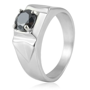 yunnique Men's Geometric <b>Titanium</b> Steel <b>Ring</b> With Black Stone Prong Setting Wedding Jewelry Silver Color - Product Image 1