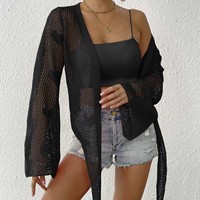Einheitsgröße Damen Strick-Cardigan mit Schleifenärmeln und Trompetenärmeln, gewebter Pullover als Bikini-Überwurf