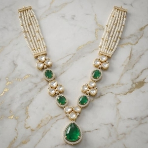 Elegant Green Stone Pearl 925 Silver Necklace Set Gold Moti Pearls and Moissanite Accents for Women Wedding <b>Gift</b> Jewelry - Product Image 5