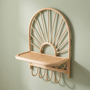Rattan Wall <b>Shelf</b> With <b>Hooks</b> And Woven Seat Tropical Style For Kids Room Decor - Product Image 4