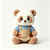 Peluche Panda Marron Vintage Personnalisée Adorable avec Chemise à Carreaux Bleus et Rayures Kaki, Jouet en Peluche Panda Doux et Moelleux
