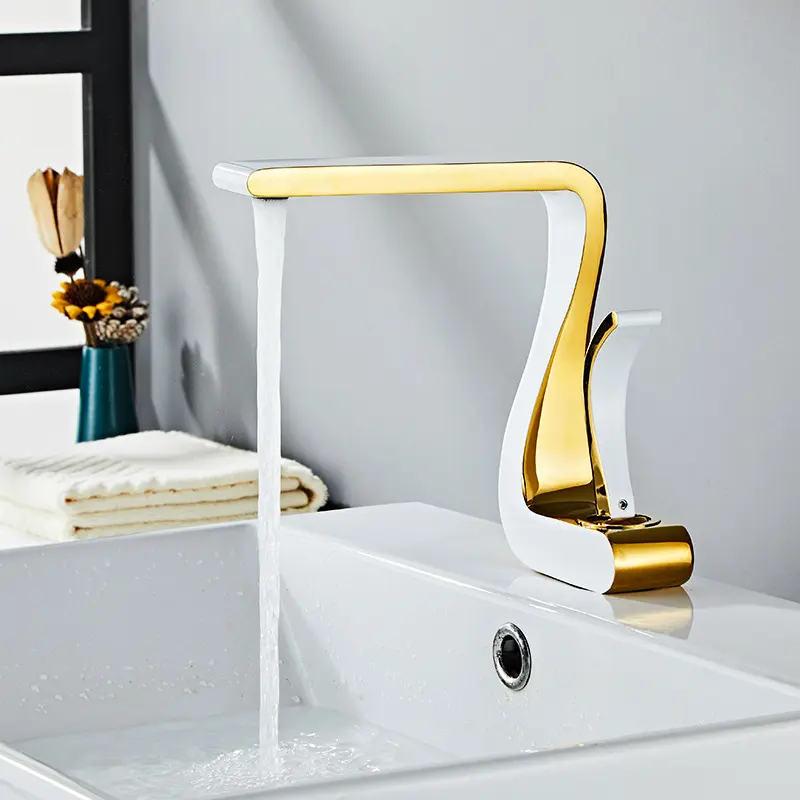 Hot Sale White Gold Bathroom Waterfall Basin Faucet Hot And Cold Sink Faucet With Pop Up Basin Drain