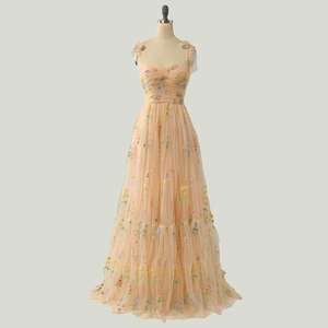 Gaun Prom kain Tule bordir bunga baru gaun pesta Formal panjang teh lengan pendek gaun Quinceanera - Product Image 4