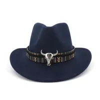 Chapeau de cowboy occidental en feutre, pour hommes et femmes, unisexe, bleu marine, avec décoration de vache en métal, prêt à l'emploi, nouvelle collection, 2021