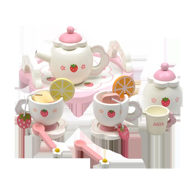 Early education simulation children play house white strawberry afternoon tea cake tea set set girls kitchen wooden toys