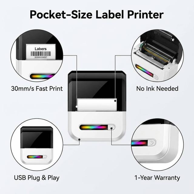 40*20mm Portable Mini Thermal Label Printer 200DPI, Pocket-Size Sticker Maker for Home School Office