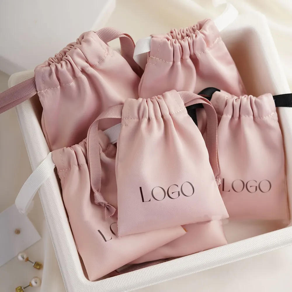 Customized Logo Printed Pink Jewelry Pouch Packaging Satin Drawstring Silk Bags