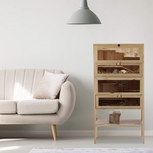 Gabbia per criceti a <span class=keywords><strong>4</strong></span> livelli in legno di pino con porta trasparente e ripiano portaoggetti per uso domestico come habitat per piccoli animali - Product Image 2
