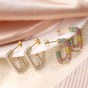 ต่างหูรูปตัว C ชุบทอง 18K เพชรสังเคราะห์ สำหรับผู้หญิง สวมใส่ได้ทุกวัน ดีไซน์ไม่สมมาตร - Product Image 1