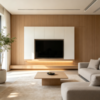 Meuble TV mural en chêne crème grainé, avec éclairage LED, idéal pour les projets de rénovation de salons.
