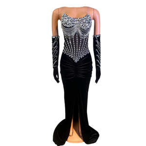 Abito da sera elegante a sirena per le donne abito lungo in velluto con decorazione con nappine per la festa di fine anno di laurea - Product Image 2