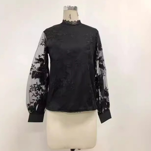 Chemise de bureau pour femme, chemisier en dentelle à manches bouffantes transparentes, col rond, chemisier <span class=keywords><strong>noir</strong></span> à manches longues, <span class=keywords><strong>haut</strong></span> pour femme - Product Image 2
