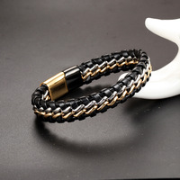 Gelang Kulit Magnet Stainless Steel Eropa Model Terbaru, Gelang Kulit Kepang Buatan Tangan untuk Pria