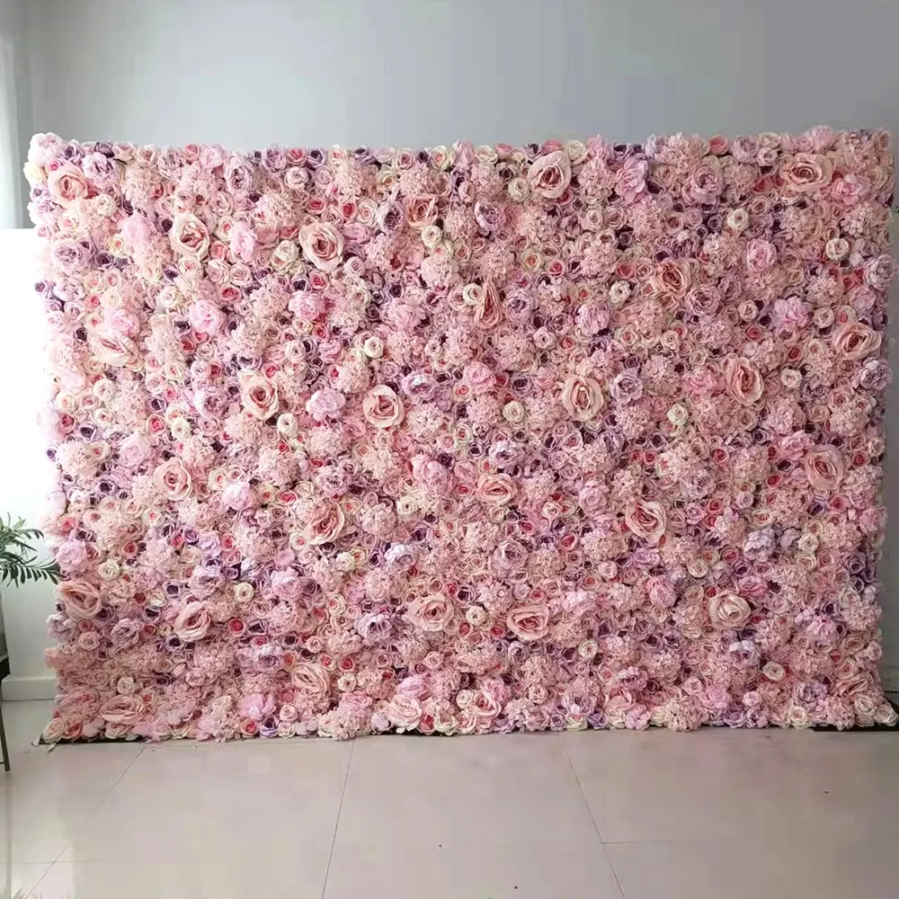 F22 Hotel Wedding Stage Background Decor 3D Roll Up Cloth Wall Flower Mat Purple Pink Artificial Silk Rose Flower Wall