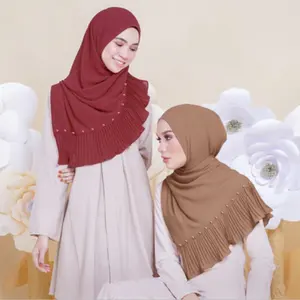 2020 Summer Pearl Chiffon Scarf Islamic Headdress Pleated Female Women Hijab pleated beads Muslim Scarf