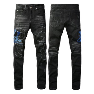 Thời Trang Màu Đen Hip Hop Ripped Denim Jeans Người Đàn Ông Thêu Thiết Kế Đàn Hồi Skinny Jeans Tùy Chỉnh Người Đàn Ông Râu xếp li Bút Chì Quần - Product Image 1