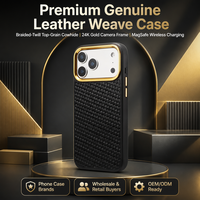 Étui de téléphone en cuir de vachette véritable tressé pour iPhone 17 18 avec support pour clé AI et double trou pour cordon, coque de protection professionnelle