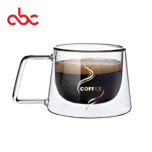 Grosir gelas kopi borosilikat tinggi 250ml, gelas kaca dinding ganda dengan pegangan untuk jus teh