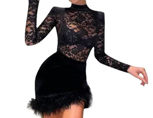 ZHZHE 2024 Patchwork kürk kadife Bodycon elbise bahar kadın giyim gece kulübü seksi dantel elbise See Through