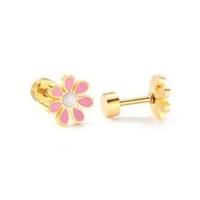 Anting-anting kancing baja tahan karat berlapis emas 18K uniseks desain bunga trendi untuk anak-anak dan wanita