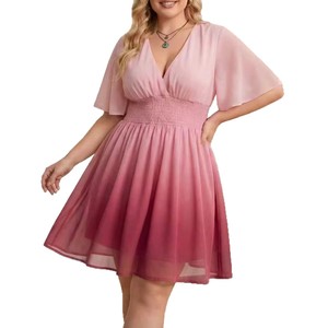 Falda de gasa para mujer de talla grande con cuello en V, mangas cortas plisadas y cintura en forma de A, ideal para fiestas informales. - Product Image 2