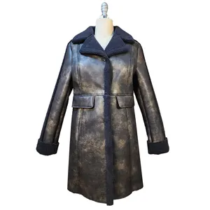 Black Tie Dye Pu Leather Bonded Black Sheepskin Shearling Coats Women Faux Mink Fur Coat For Ladies Wool Coats For Ladies