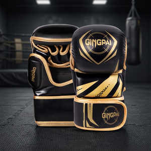 Gants de boxe à doigts entiers en cuir PU, à lacets, noir et or, équipement d'entraînement d'arts martiaux pour adultes - Product Image 4