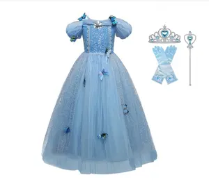 Elegant Fairy Beautiful Princess Snow Butterfly Blue Skirt Cosplay Birthday Carnival Princess Elsa Girls Party Dress Costume