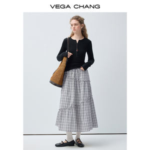 वीगा चांग महिलाओं के नए वसंत आकस्मिक प्लेड स्कर्ट काले सफेद रंग की जांच आधा स्कर्ट - Product Image 3