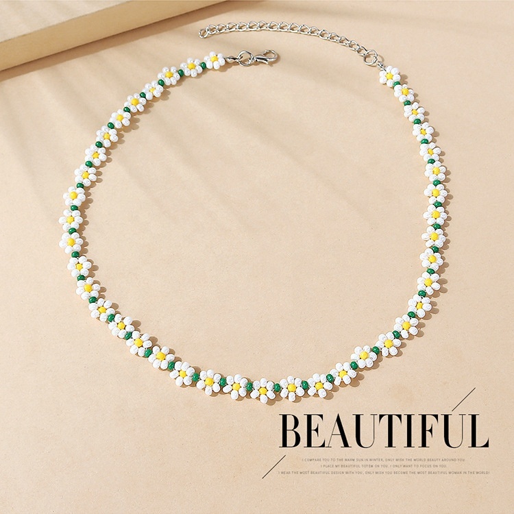 Green Flower Glass Bead Necklace - Hippy, Bohemian Style, 48" Long, Handmade In UK