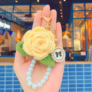 Weave Camellia Rose Keychain Women Girl Bag Pendant Car Charm Gift Crochet Fashion Flower Plush Pearl Key Chain - Product Image 6