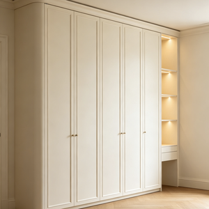 Modern Built in Wardrobe <b>Cabinet</b> Cream Panel <b>Door</b> <b>Storage</b> Closet <b>with</b> Open Shelf - Product Image 1