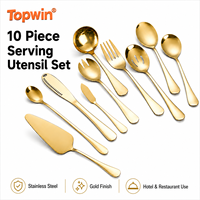 Juego de utensilios de servir de acero inoxidable dorado, cuchara, tenedor y cucharón con acabado pulido espejo para hoteles, restaurantes y catering.