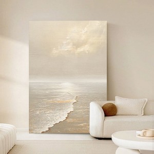 Art mural abstrait encadré sur le thème de l'océan, style impressionniste rectangulaire beige, pour la décoration du salon et de l'entrée - Product Image 2