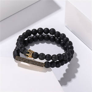 Conjunto de tiras de corona pequeña transfronteriza Pulsera Piedra de lava mate negra mezclada con aleación de zinc chapada en oro de Zirconia para fiestas - Product Image 2