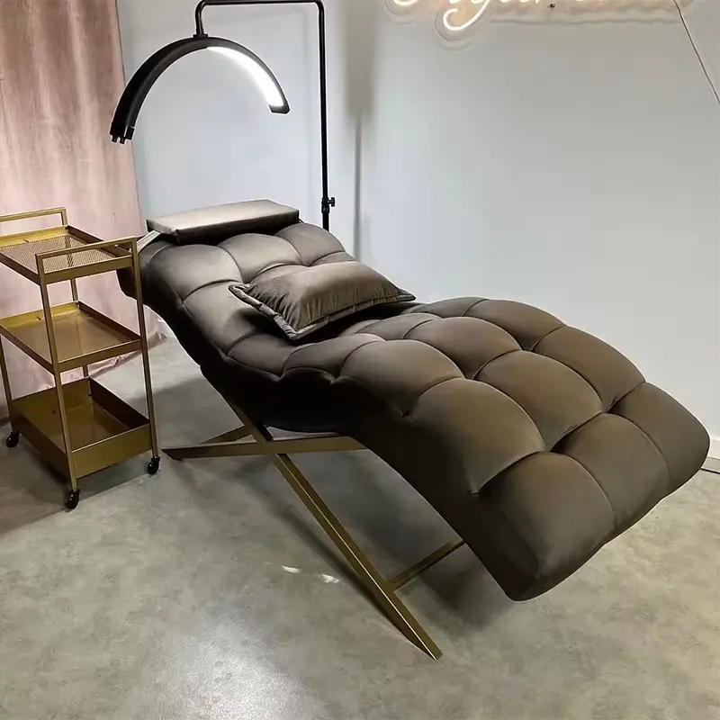 Yeni tasarım güzellik salonu masaj masası pembe deri paslanmaz çelik taban kavisli kirpik yatak