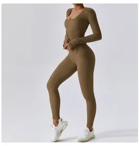 Monos deportivos de yoga para mujer, mono de una pieza para gimnasio, mono de entrenamiento de manga larga deportivo sin costuras acanalado - Product Image 5